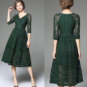 NWT METISU Anthro Emerald Green V Neckline Hollow Out Lace Dress Medium